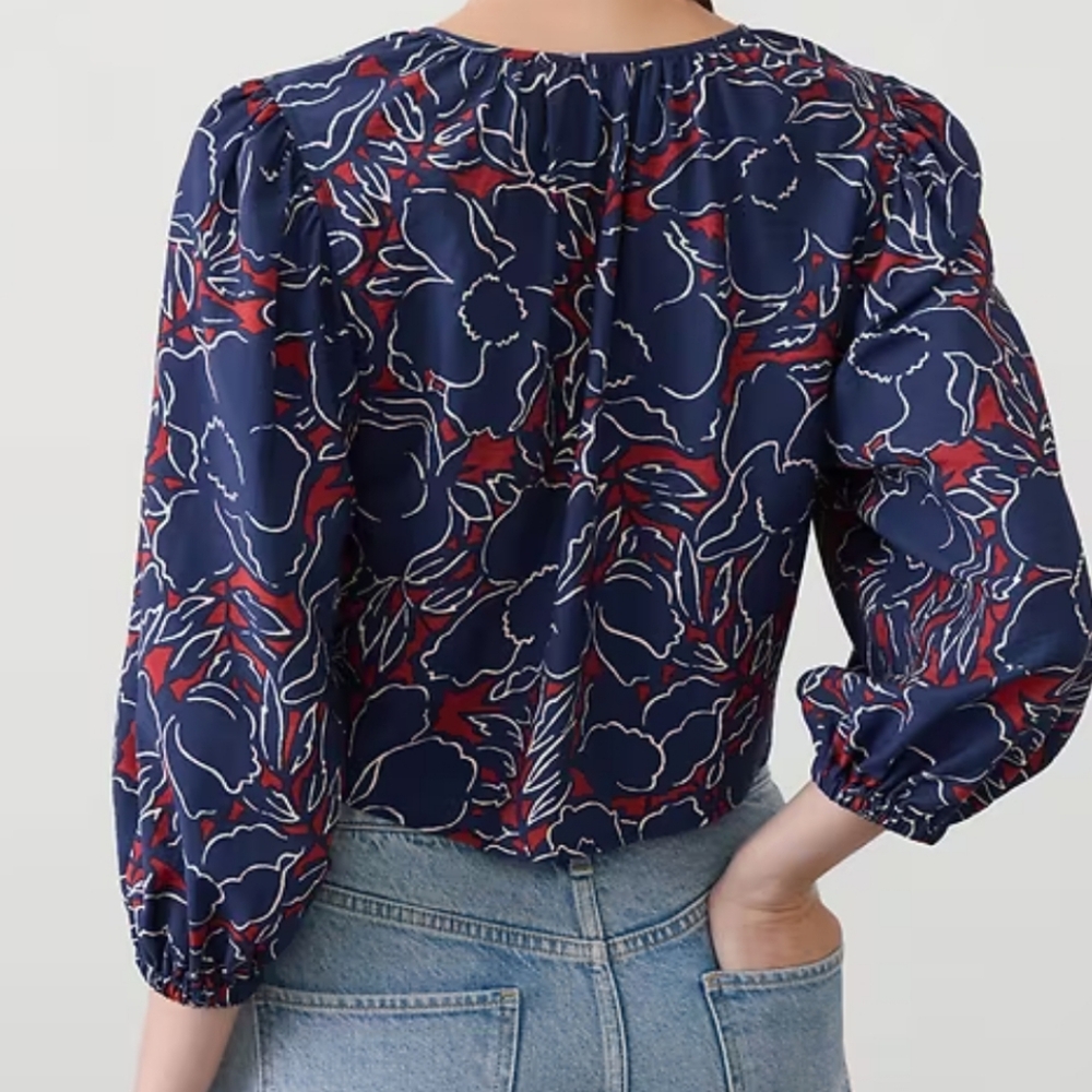 Banana Republic Factory Navy Floral Open Tie-Front Cropped Top Medium